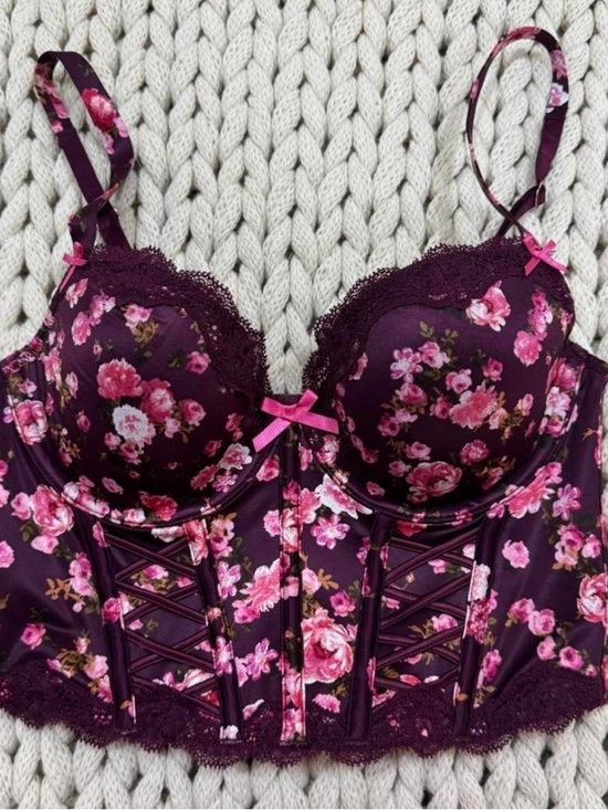 Victoria's Secret Other - NWT Victoria’s Secret Dream Angels Burgundy Floral Lace Up Corset Bra Top Sz 32C